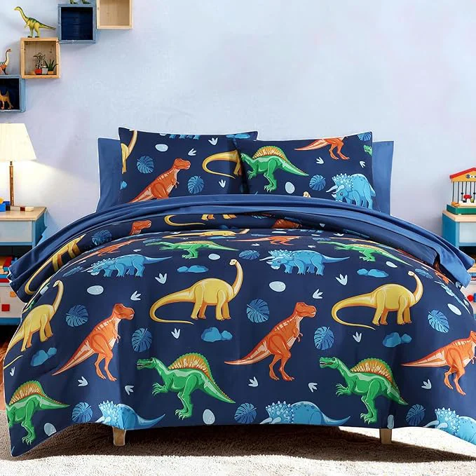 Crafted Twin Comforter Set for Boys-5 Pieces Navy Dinosaur Twin Bedding Sets for Kids Ultra Soft Bed in A Bag with Sheets Elegant