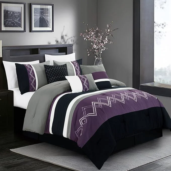 Smooth Chezmoi Collection Arden 7-Piece Modern Pleated Stripe Embroidered Zigzag Bedding Comforter Set Queen Purple Black Gray White Superior