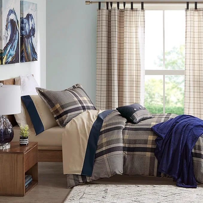 Environmentally Friendly Intelligent Design Robbie 7-Piece Twin XL Comforter Set – Lightweight All-Season Plaid Bedding Navy Tan Cozy Bed-in-a-Bag with Matching Shams amp Decorative Pillow Modern Casual Style Prestigious