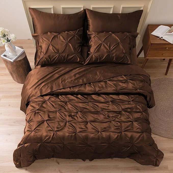 Traditional MR amp HM Satin Comforter California King 7 Pieces Brown - Luxurious Pinch Pleat Bedding Set with Comforter Flat Sheet Fitted Sheet Pillowcases amp Shams Super Silky Soft Bed Set for All Season