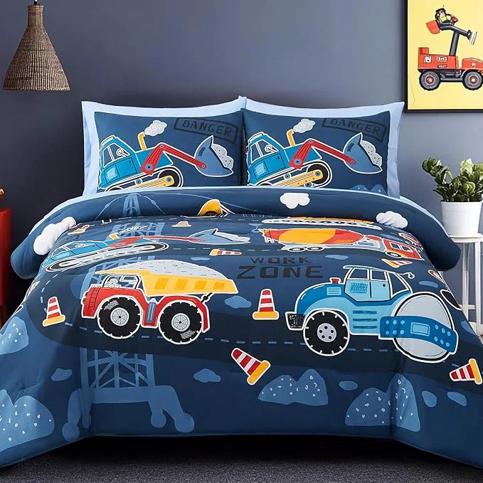 Fashionable Full Size Comforter Set for Boys-7 Pieces Truck Tractor Excavator Glow in the Dark Full Bedding Sets for Kids Ultra Soft Bed in A Bag with Sheets Artisan