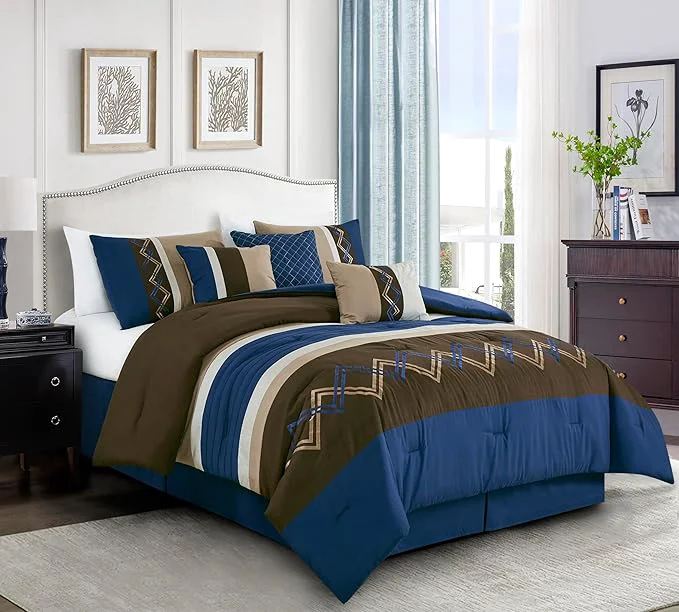 Durable Chezmoi Collection Arden 7-Piece Modern Pleated Stripe Embroidered Zigzag Bedding Comforter Set Queen Coffee Brown Navy White