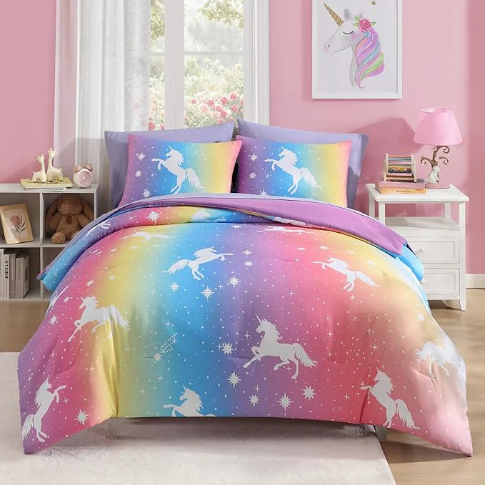First-Class Full Size Comforter Set for Girls-7 Pieces Rainbow Unicorn Full Bedding Sets for Kids Ultra Soft Bed in A Bag with Sheets Dependable