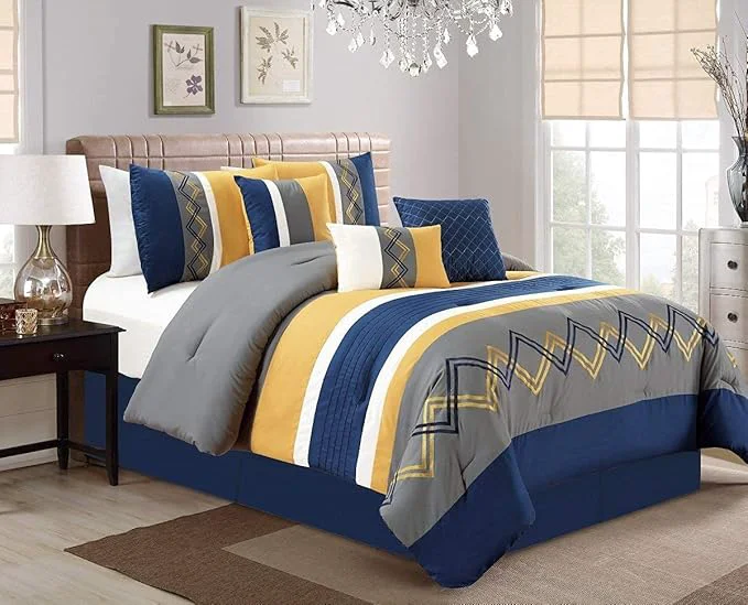 Versatile Chezmoi Collection Arden 7-Piece Modern Pleated Stripe Embroidered Zigzag Bedding Comforter Set Queen Navy Gray Yellow White Traditional