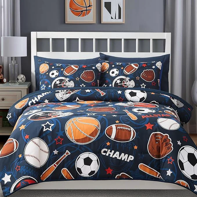 Lightweight Full Size Comforter Set for Boys-7 Pieces Sports Ball Games Glow in the Dark Full Bedding Sets for Kids Ultra Soft Bed in A Bag with Sheets Next-Generation