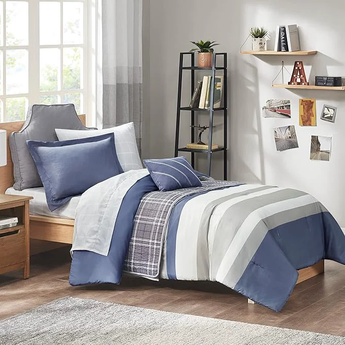 Solid Intelligent Design Marsden Comforter Stripes Design Embroidered Toss Pillow Casual All Season Bedding Matching Sham and Complete Sheet Set Twin Blue Grey 6 Piece High-Grade