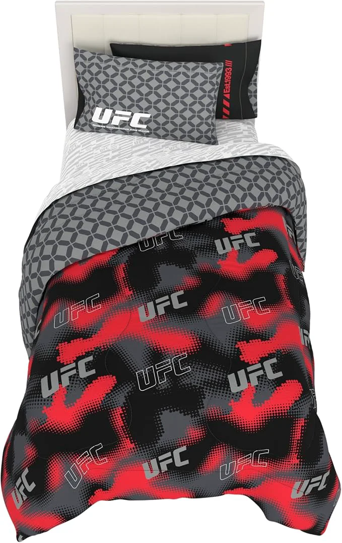 High-Quality UFC Fight Night Bedding Set Twin Size 5 Piece Set Super Soft Cozy Reversible Comforter and Sheet Set with Sham ly Licensed Product by Franco Trendy