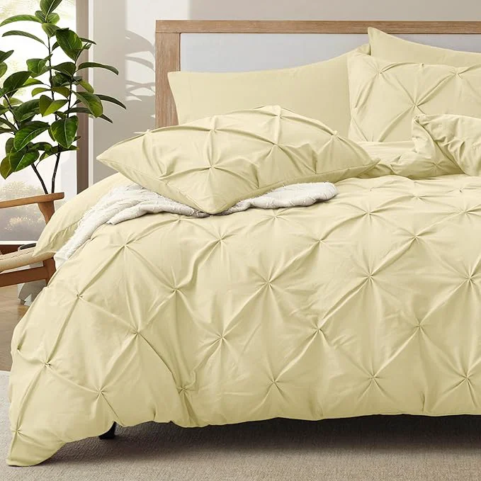 Durable VACVELT 5 Piece Pinch Pleated Duvet Cover Full Queen Size Set Beige Pintuck Duvet Cover with Zipper amp 8 Ties Shabby Chic Microfiber 2 Pillow Shams 2 Pillowcases No Comforter Organic