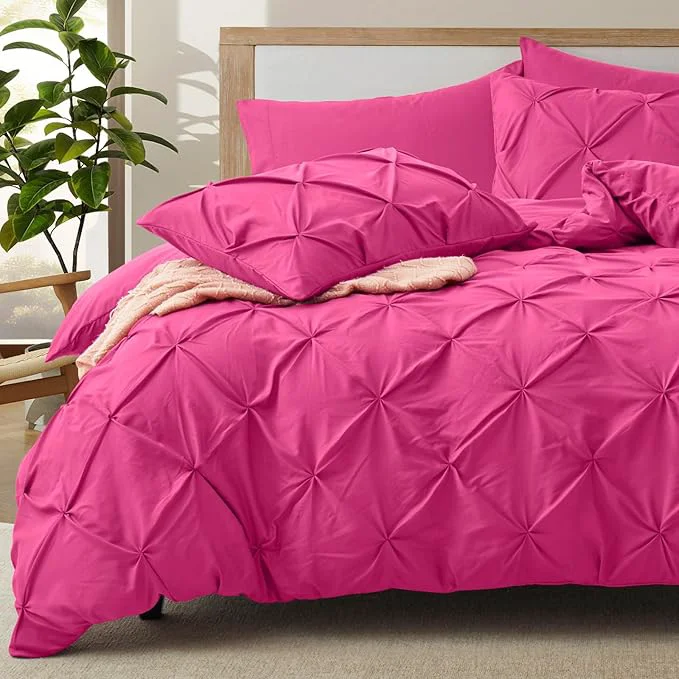 Enhanced VACVELT 5 Piece Pinch Pleated Duvet Cover Full Queen Size Set Hot Pink Pintuck Duvet Cover with Zipper amp 8 Ties Shabby Chic Microfiber Duvet Cover 2 Pillow Shams 2 Pillowcases No Comforter Certified