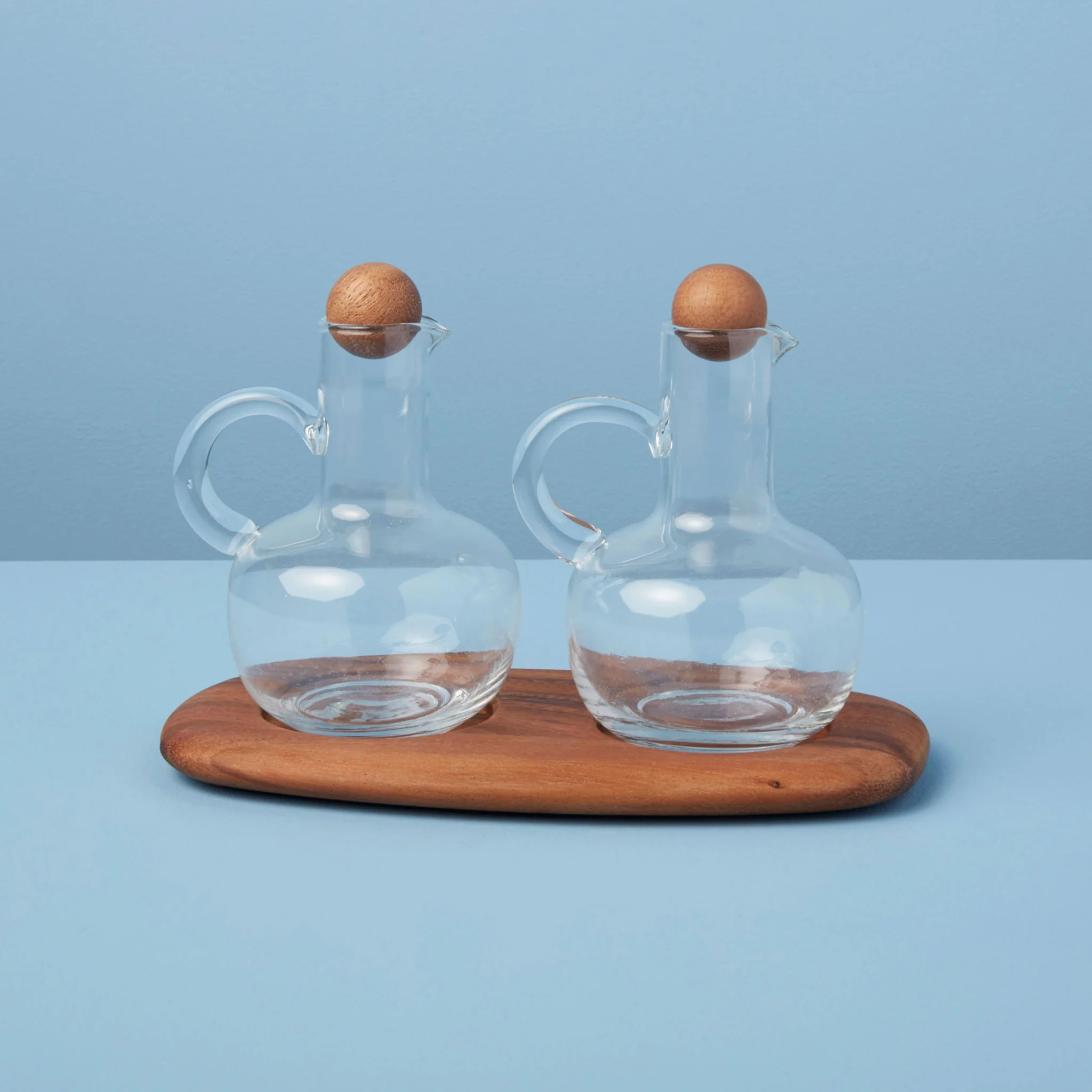 Carefully Designed Oil amp Vinegar Cruet Set with Acacia Tray Prestigious