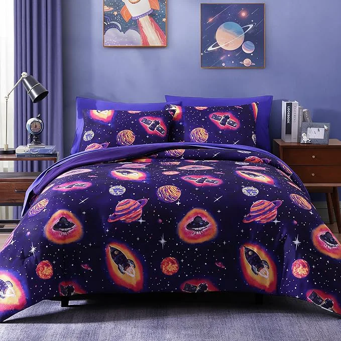 Next-Generation Twin Comforter Set for Boys-5 Pieces Space Rocket Twin Bedding Sets for Kids Ultra Soft Bed in A Bag with Sheets Crafted
