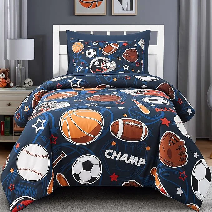 Minimalist Twin Comforter Set for Boys-5 Pieces Sports Ball Games Glow in the Dark Twin Bedding Sets for Kids Ultra Soft Bed in A Bag with Sheets Functional