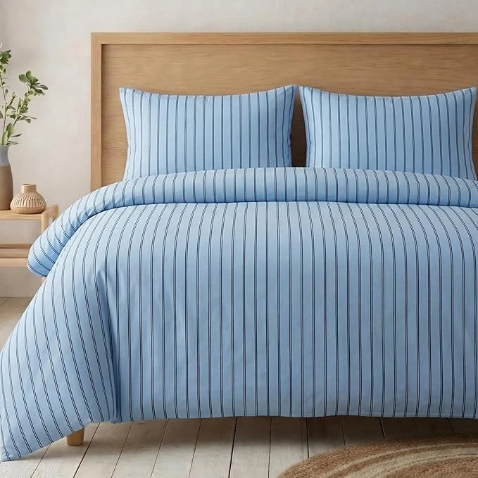 Specialty Bedbay Blue Striped Duvet Cover Set King Size Cotton Sateen Bedding Set Soft Breathable Hotel-Inspired 3 Piece Duvet Cover for All Seasons High-Grade