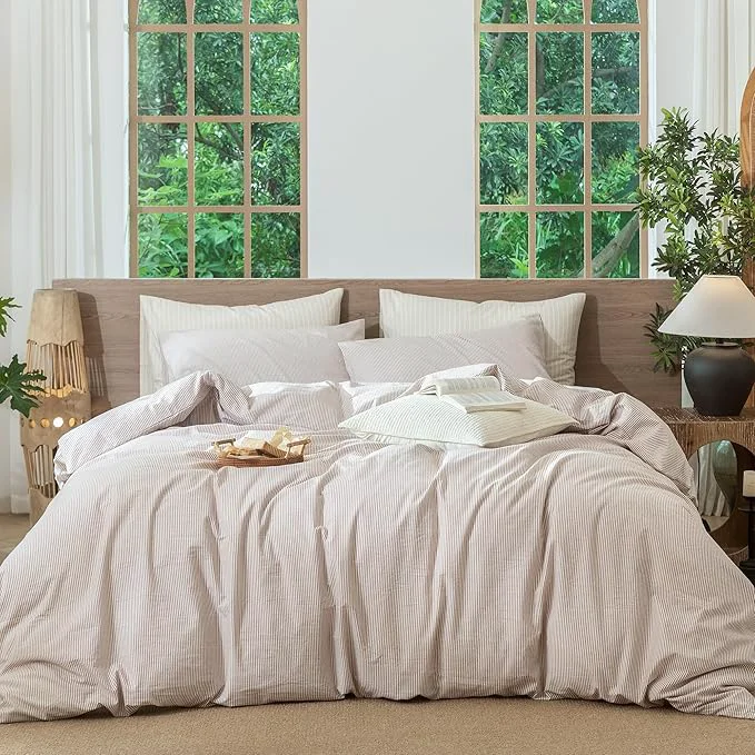 Smooth MooMee Striped Duvet Cover Set Washed Cotton Linen Like Textured Breathable Durable Soft Comfy Orange Pinstripes Queen 90 quot x90 quot Original
