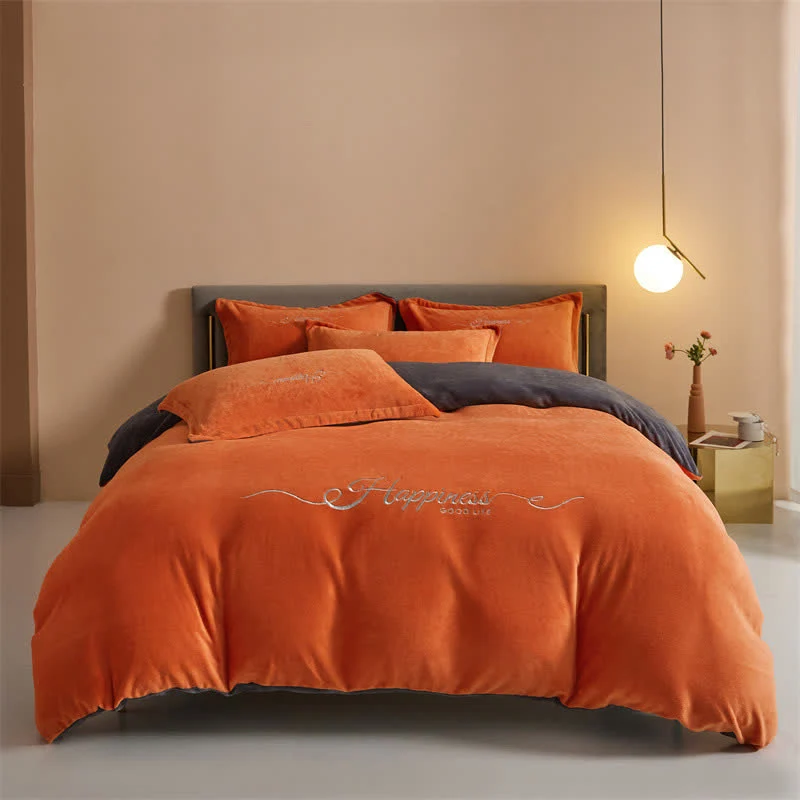 Enhanced Ownkoti Happiness Embroidered Plush Bedding Set 4PCS Artisan