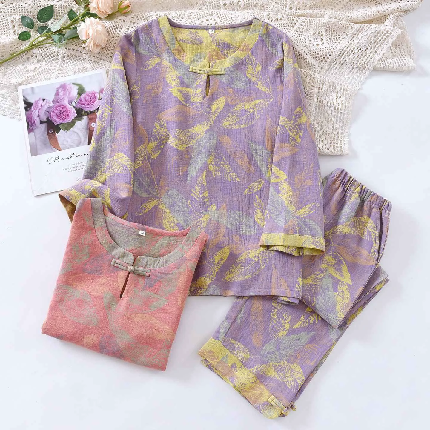 Consistent Ownkoti Oriental Style Leaf Pure Cotton Pajama Set Fine Crafted