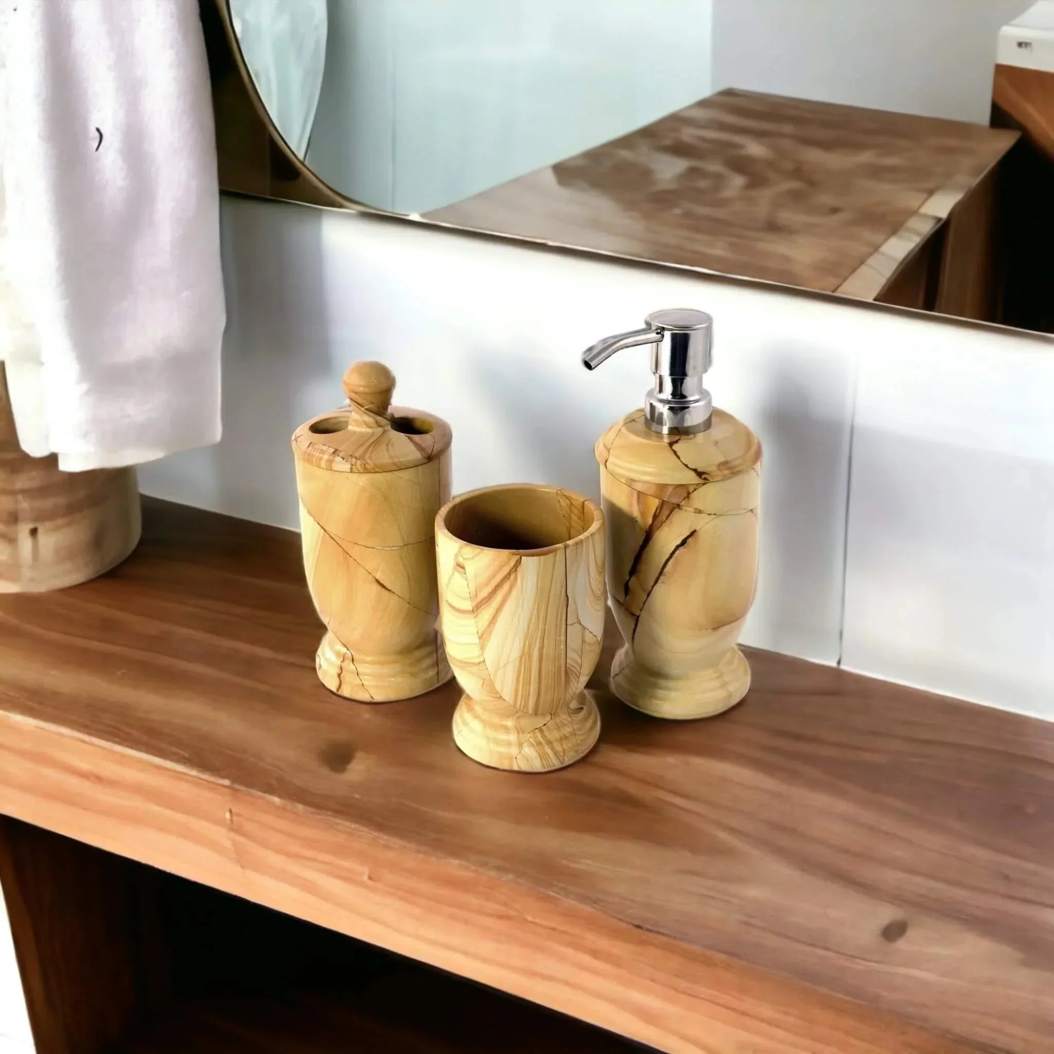 World-Class 3-Piece Bathroom Accessory Set - Teak Marble Verified