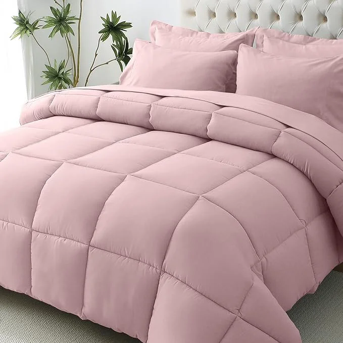 Reusable JOLLYVOGUE California King Comforter Set Ultra-Soft Bed in a Bag Cal King Size 7 Pieces Oeko-TEX Bedding Set with Down Comforter Sheets Pillowcases amp Shams Camio Pink Lightweight