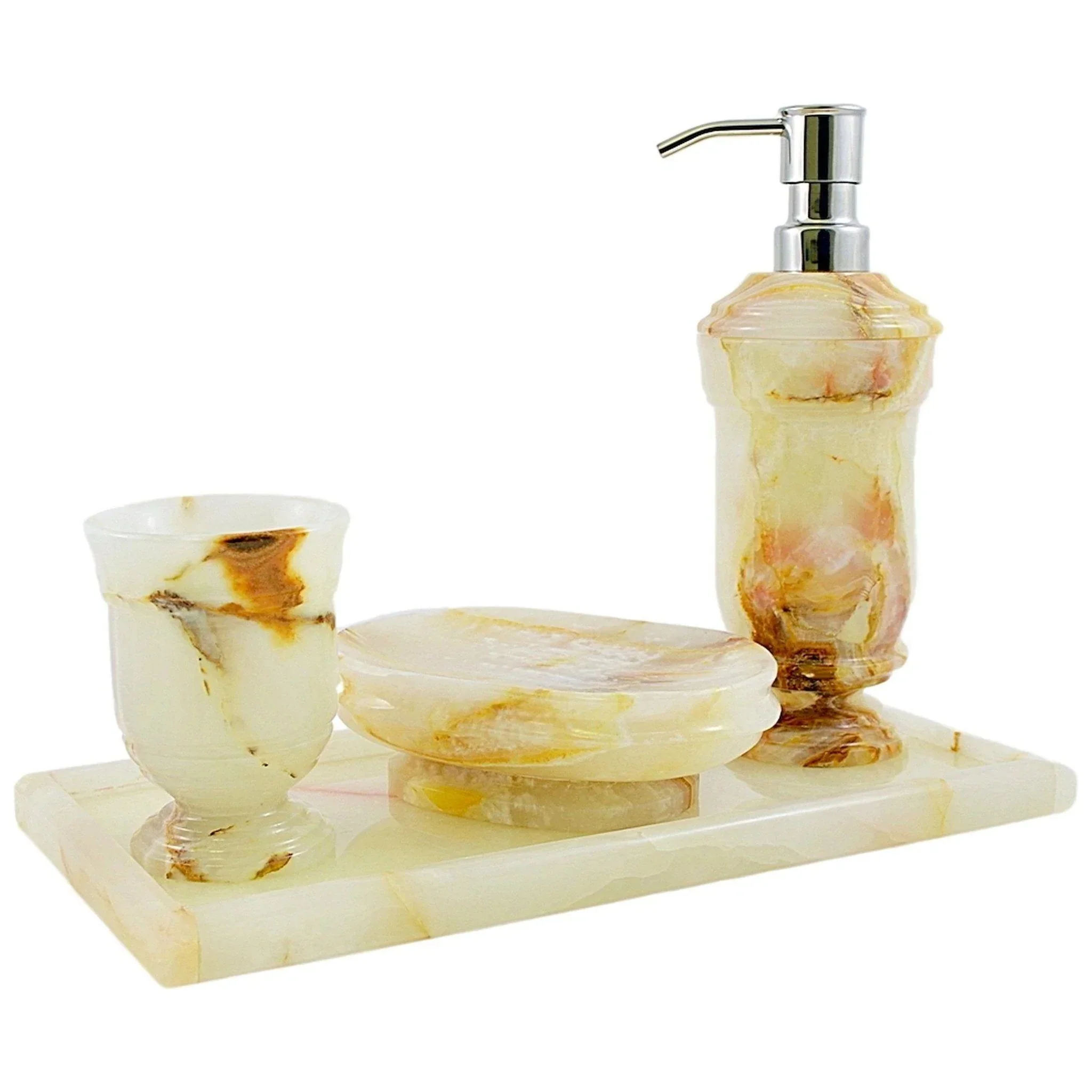 Next-Generation Marble Bath Set White Onyx 4 Piece Set with Vanity Tray Certified
