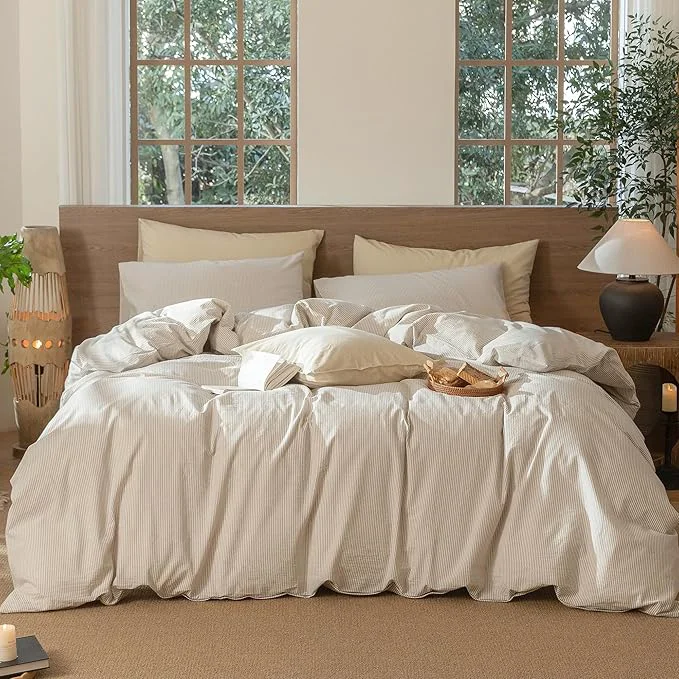 Convenient MooMee Striped Duvet Cover Set Washed Cotton Linen Like Textured Breathable Durable Soft Comfy Tannish Linen Grey White Pinstripes Alaska King 132 quot x120 quot Professional