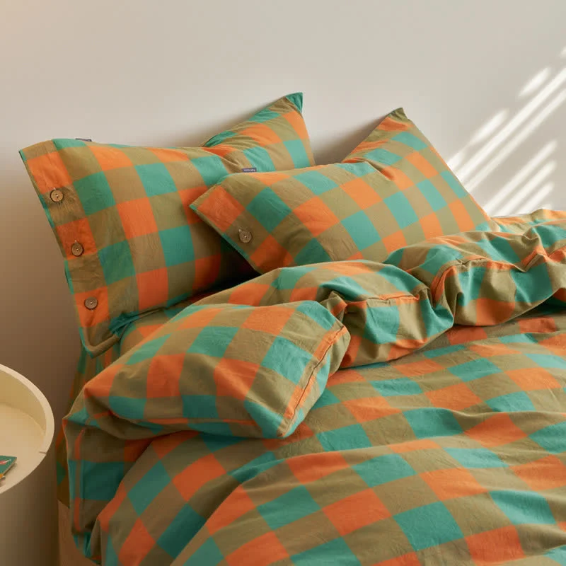 Convenient Ownkoti Cotton Checkered Button Closure Bedding Set Clean