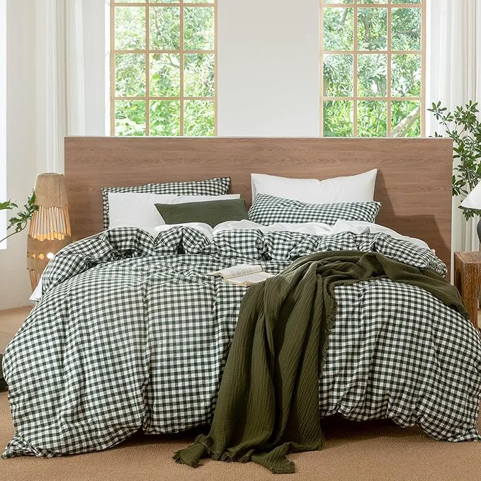 Secure MooMee Gingham Duvet Cover Set Washed Cotton Linen Like Textured Breathable Durable Soft Comfy Modern Checkered Design Forest Green Gingham Cal King 104 quot x98 quot Authentic