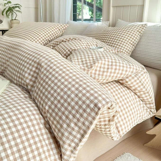 Next-Generation LifeTB Tan Gingham Comforter Set Full Modern Style Beige Plaid Comforter Set 3 Pieces Soft Fluffy Grid Checkered Pattern Comforter with 2 Pillowcases Farmhouse Gingham Bedding Comforter Full Dependable