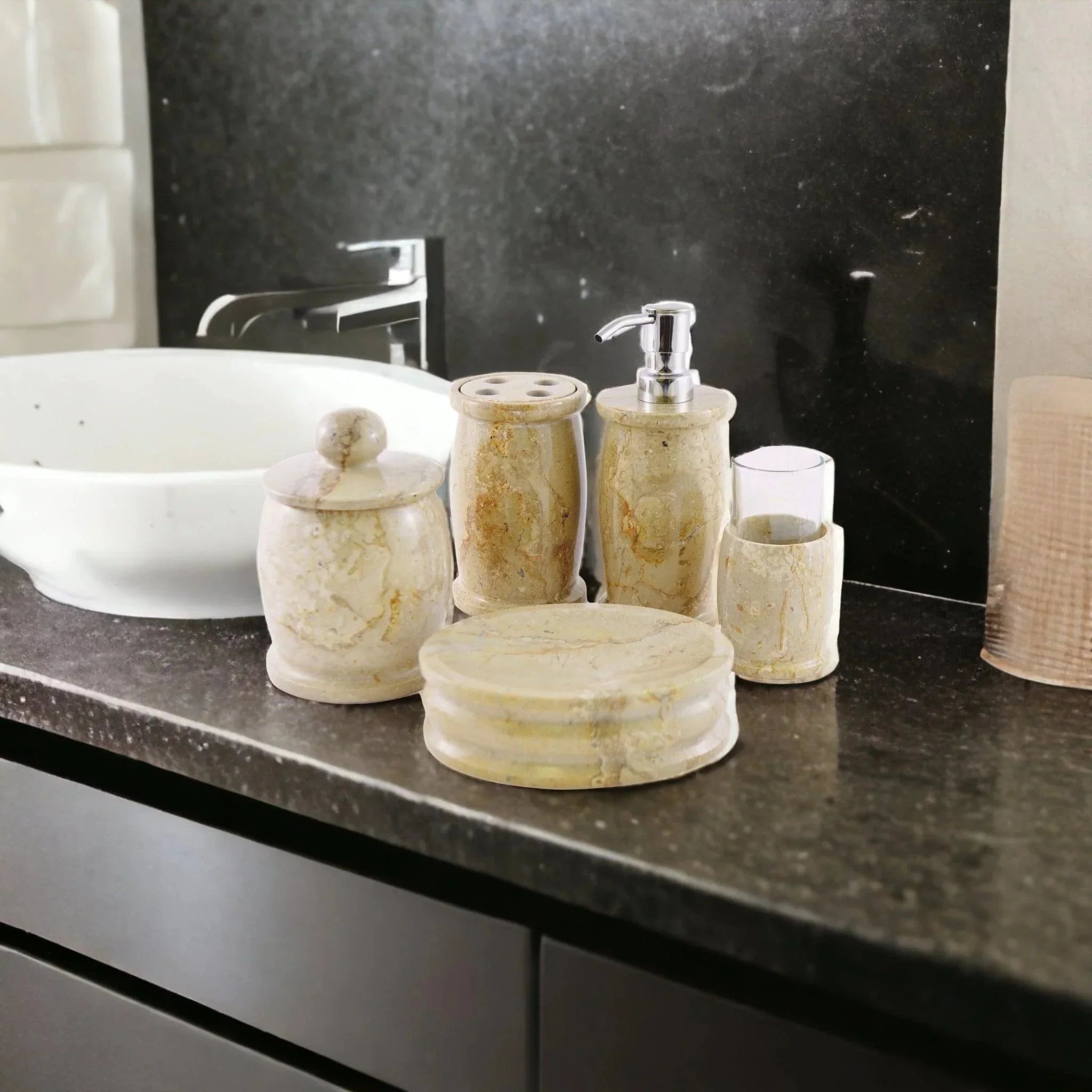 Easy-to-Use Elegant Bathroom Accessory Set of Sahara Beige Marble - Pacific Collection Green