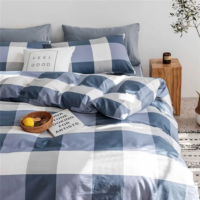 Lightweight Plaid Comforter Set Blue White Checkered Bedding Comforter King Size Fluffy Soft Geometric Plaid Grid Comforter Set for All Seasons Farmhouse Bedding Set Checkered Pattern Comforter with 2 Pillowcases Effective