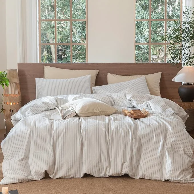 Classic MooMee Striped Duvet Cover Set Washed Cotton Linen Like Textured Breathable Durable Soft Comfy White Cornflower Blue Wide Stripes Queen 90 quot x90 quot Carefully Designed