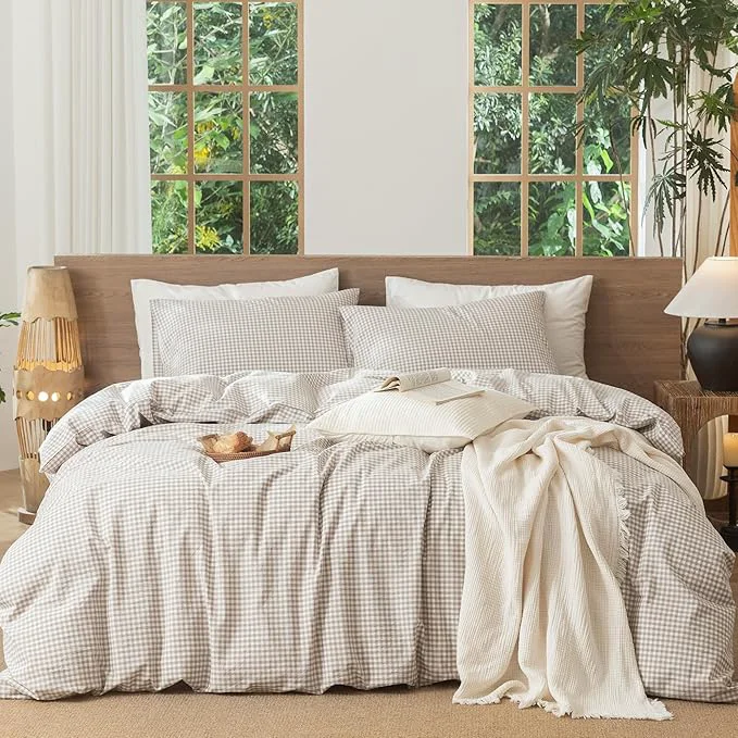 World-Class MooMee Gingham Duvet Cover Set Washed Cotton Linen Like Textured Breathable Durable Soft Comfy Modern Checkered Design Mini Gingham Tannish Linen Grey Queen 90 quot x90 quot Proven