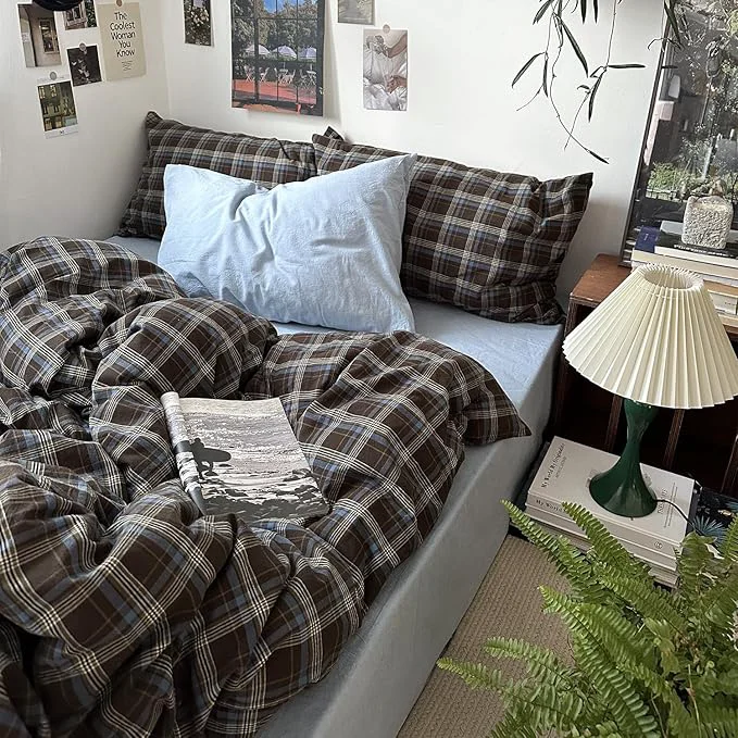Flexible mixinni Vintage Brown amp Blue Buffalo Plaid Duvet Cover Set Twin XL Size - 3 Piece Washed Cotton Bedding Set with Grid Pattern Soft amp Breathable Duvet Cover with Pillowcases for Boys Men amp Women Secure