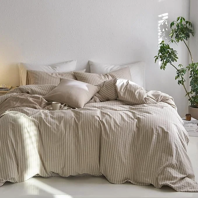 Verified MooMee Striped Duvet Cover Set Washed Cotton Linen Like Textured Breathable Durable Soft Comfy Tannish Linen Grey White Wide Stripes Twin 68 quot x90 quot Smart