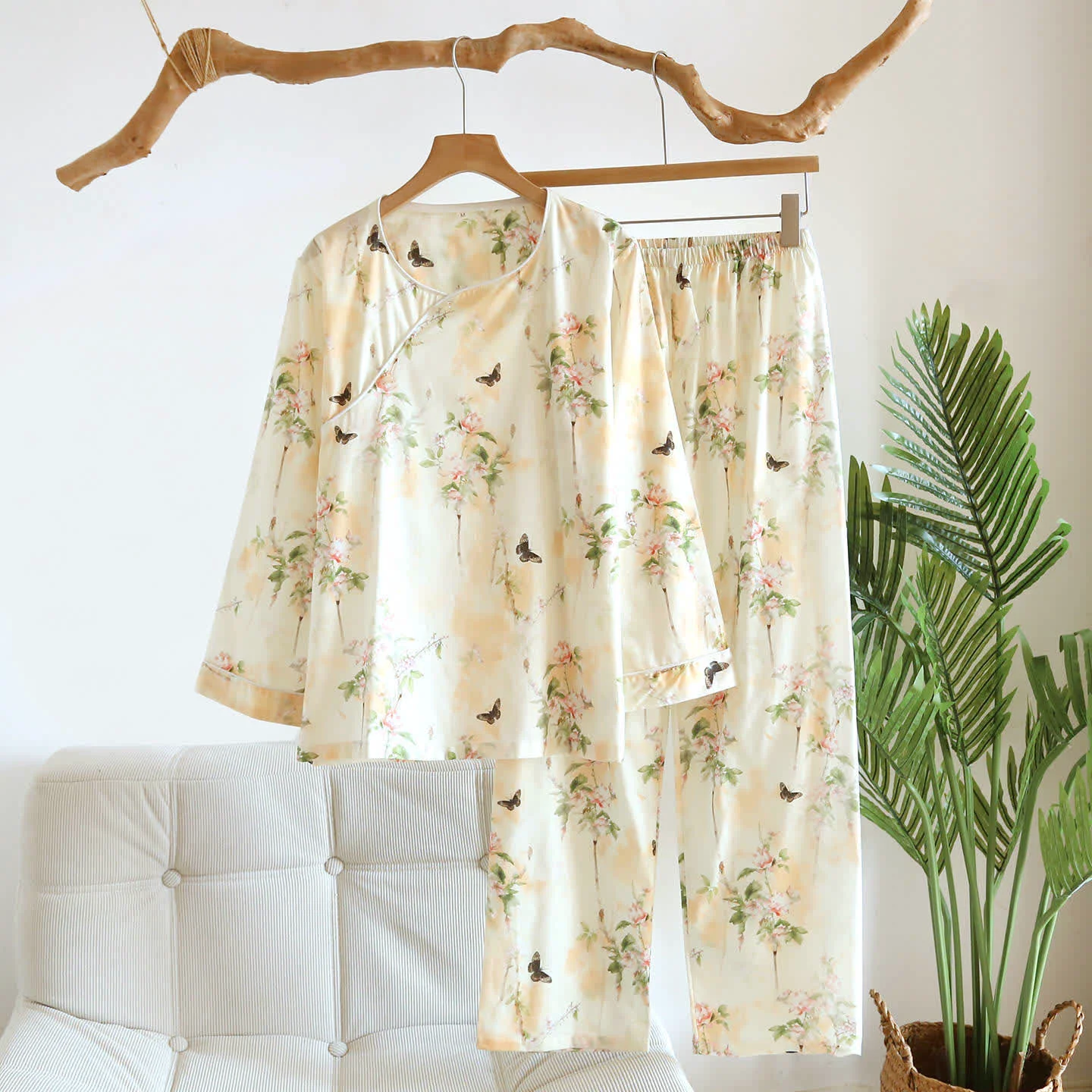 Fine Ownkoti Oriental Floral Butterfly Cotton Pajama Set High-Grade