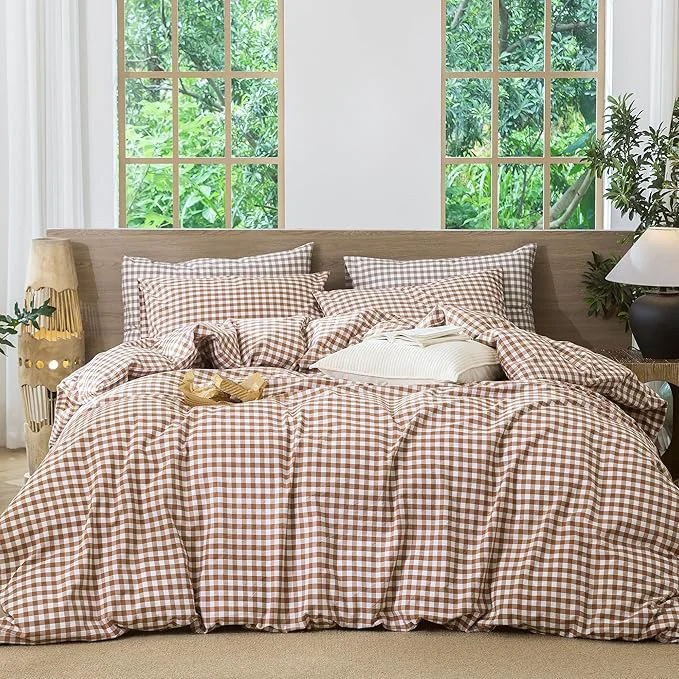 Professional MooMee Gingham Duvet Cover Set Washed Cotton Linen Like Textured Breathable Durable Soft Comfy Modern Checkered Design Dark Orange Gingham Full 80 quot x90 quot Expertly Made
