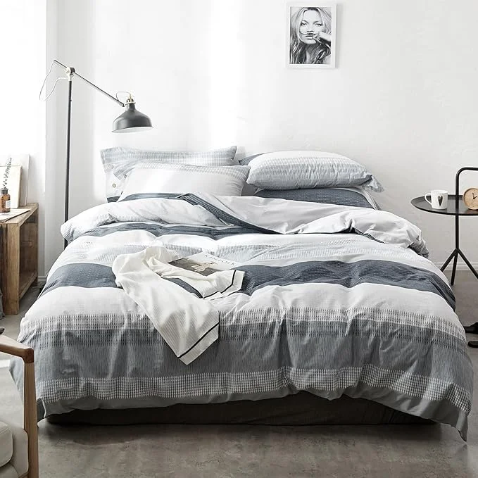 Specialty mixinni Geometric Striped Duvet Cover Set - Natural Cotton Grey amp White Stripes Twin Size 3-Piece Bedding Set with Zipper Closure Solid