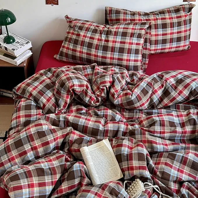 Original Design mixinni Vintage Red amp Brown Buffalo Plaid Duvet Cover Set Queen Size - 3 Piece Washed Cotton Bedding Set with Classic Checkered Pattern Cozy Farmhouse Duvet Cover with Pillowcases for All Seasons Proven