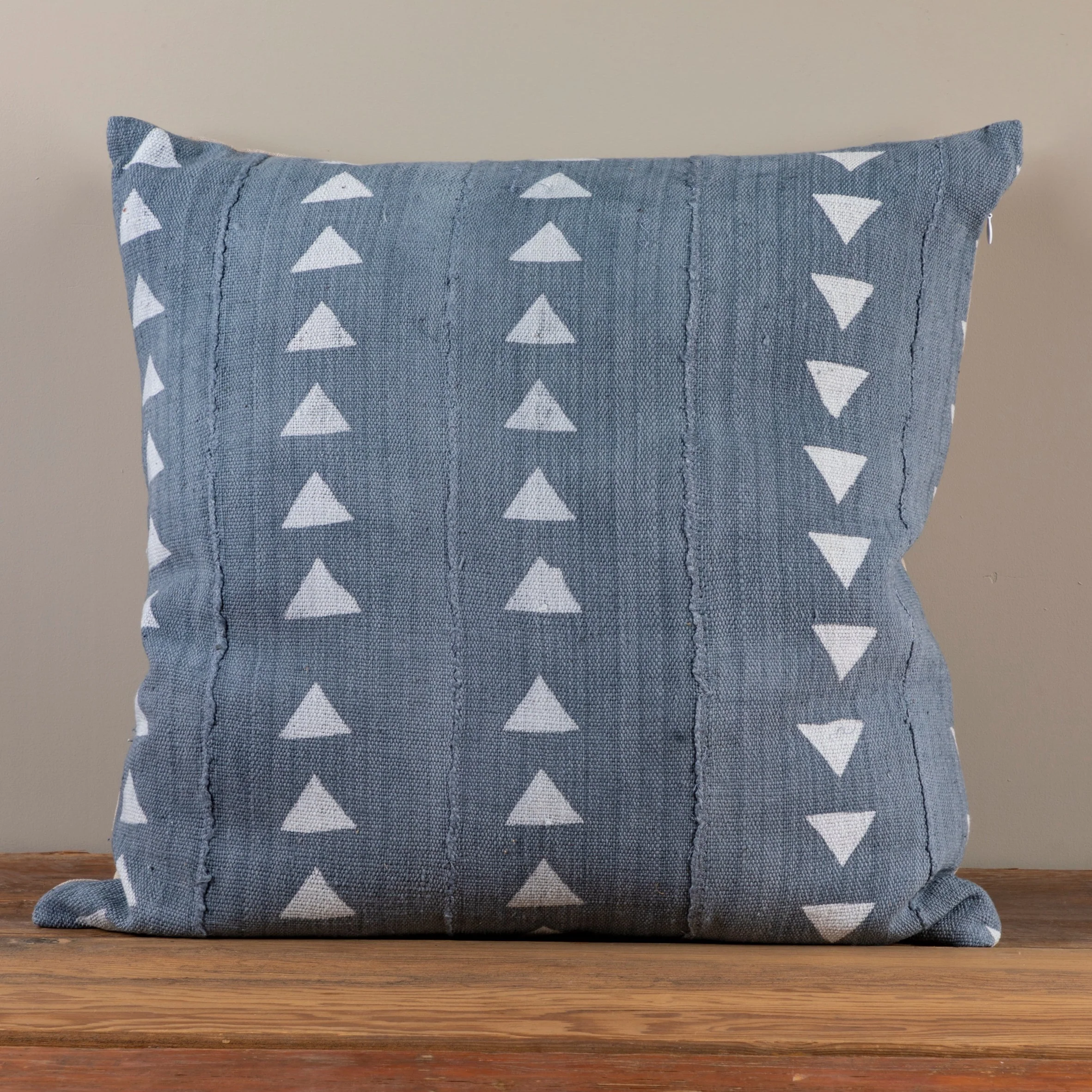 Eco-Friendly Mud Cloth Square Pillow Blue Grey with Triangles Enhanced