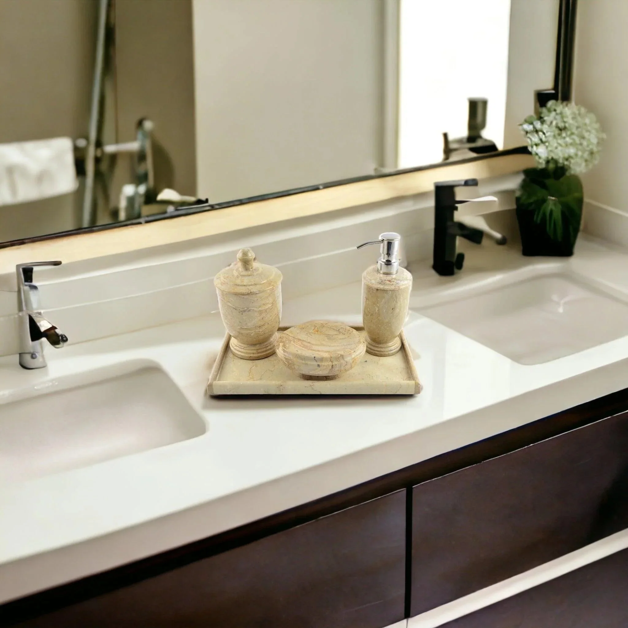 Crafted Bathroom Set of Sahara Beige Marble with Vanity Tray - Atlantic Collection Environmentally Friendly