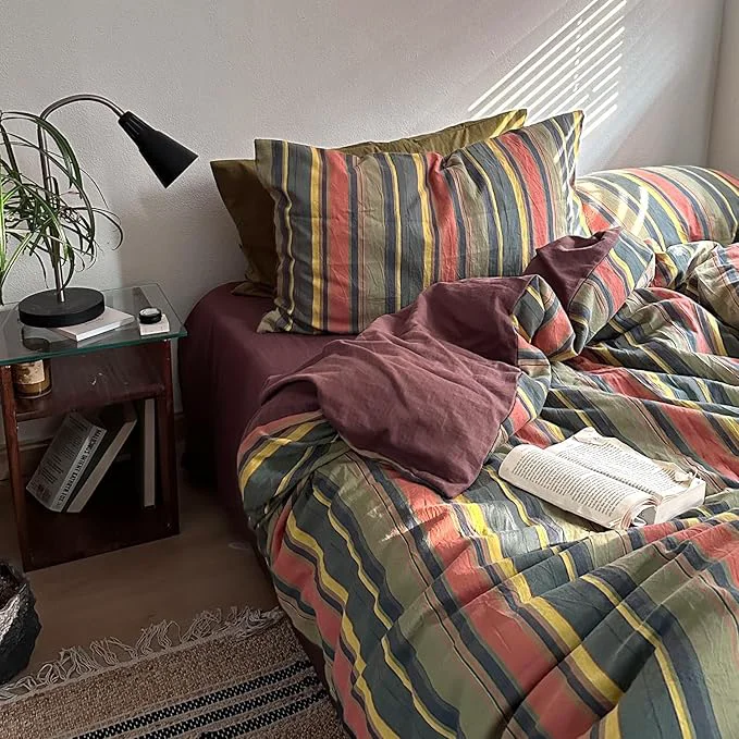 Elite mixinni Vintage Striped Duvet Cover Set Twin Size - 3 Piece Washed Cotton Bedding Set Soft amp Breathable Colorful Striped Pattern Printed Comforter Cover for All Seasons Official