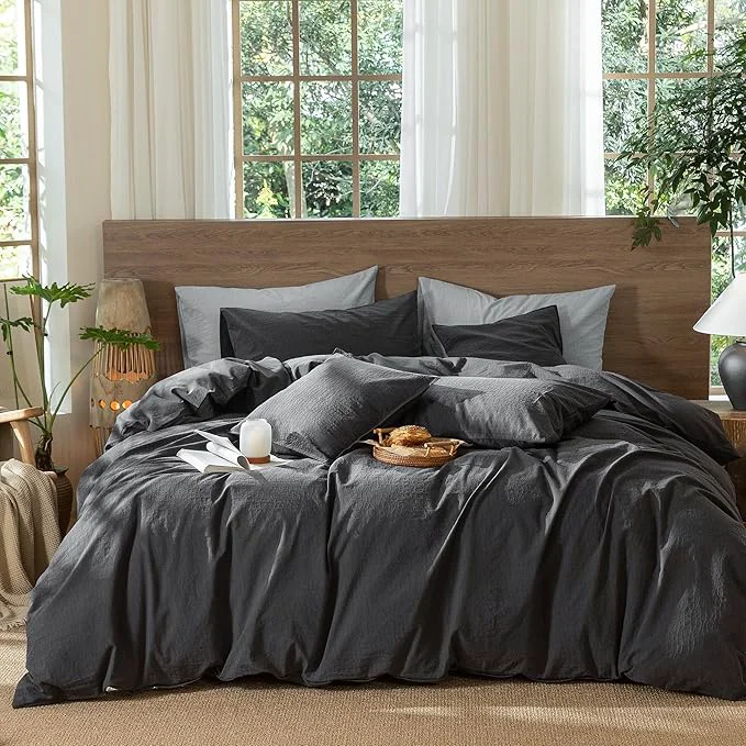 Easy-to-Use MooMee Wavy Striped Duvet Cover Set Washed Cotton Linen Like Textured Breathable Durable Soft Comfy Charocal Grey Super King 108 quot x98 quot Trendy