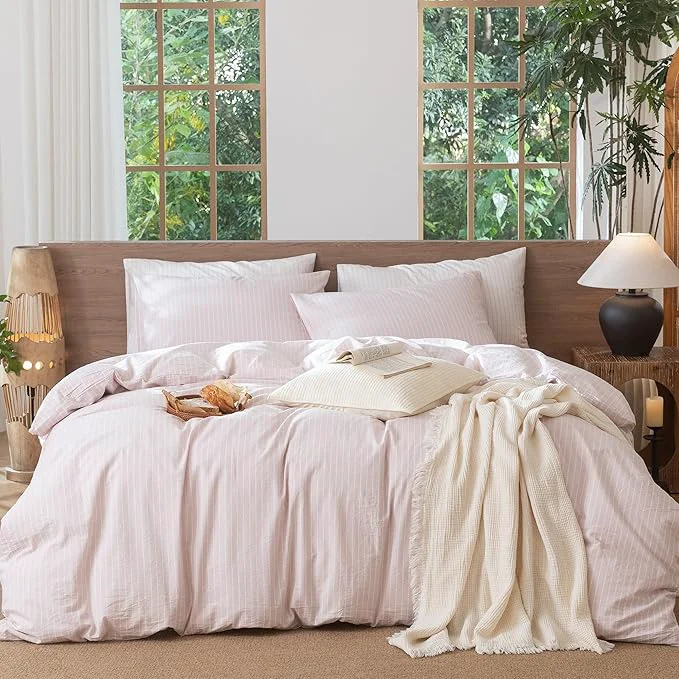 Expertly Made MooMee Striped Duvet Cover Set Washed Cotton Linen Like Textured Breathable Durable Soft Comfy Heathered Greyish Pink White Wide Stripes Twin 68 quot x90 quot Original