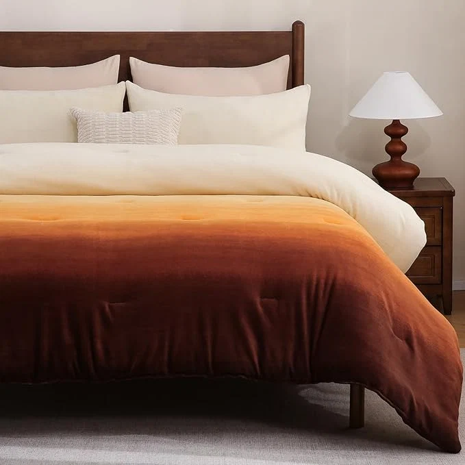 Practical Bedbay Orange Gradient Plush Fleece Comforter Set King Size Ultra Soft Velvety Bedding Thick Warm Cozy Winter Quilt with 2 Pillowcases Luxury Sunset Ombre Fluffy Bed Set for All Seasons Original Design