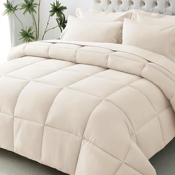 Responsible JOLLYVOGUE King Comforter Set Ultra-Soft Bed in a Bag King Size 7 Pieces Oeko-TEX Bedding Set with Down Comforter Sheets Pillowcases amp Shams Beige Flexible