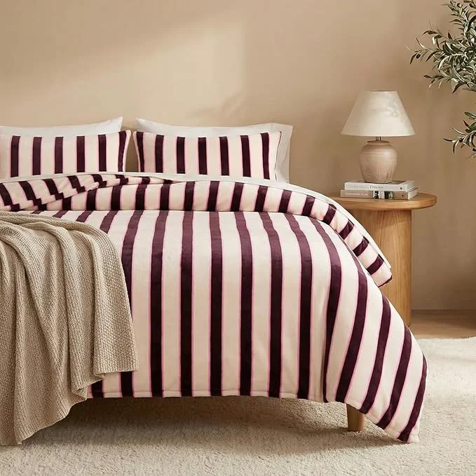 Traditional Bedbay Striped Queen Comforter Set Velvety Fleece Comforter Set Modern Style Striped Beding with 2 Pillowcases Lightweight 3 Pcs Boho Bedding Quilt Farmhouse Fluffy Bed Set for All Seasons Relaxed