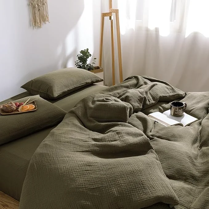 Sustainable mixinni Olive Green Waffle Weave Duvet Cover Set Queen 3-Piece Natural Washed Cotton Triple-Layer Gauze Solid Bedding Set Soft Breathable Minimalist Comforter Cover with Zipper amp Ties-Queen Exceptional