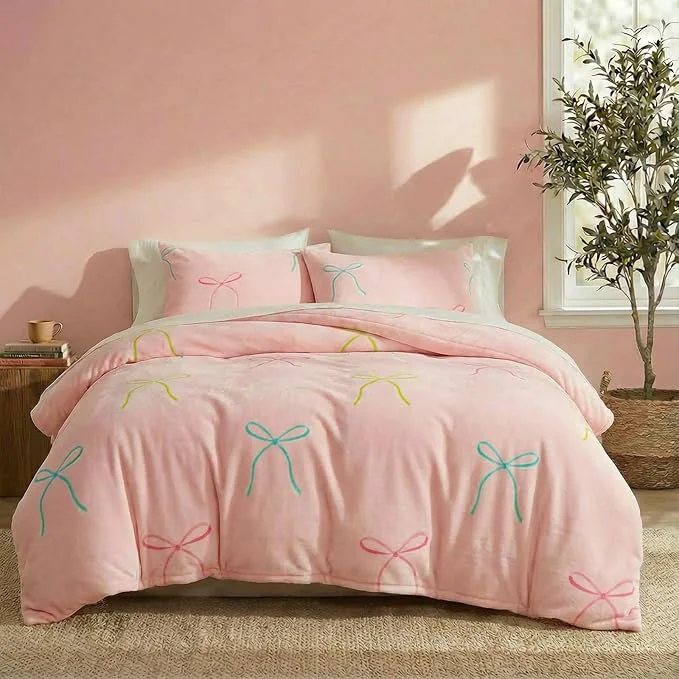 Green Bedbay Pink Bow Comforter Set King Size Warm Fluffy Fleece Bedding Set Cute Bowknot Teen Girls Ultra Soft Plush Velvet Comforter King Bed Set Sweet Bow Tie Dreamy Princess Style Bedding 3 Pcs Smooth