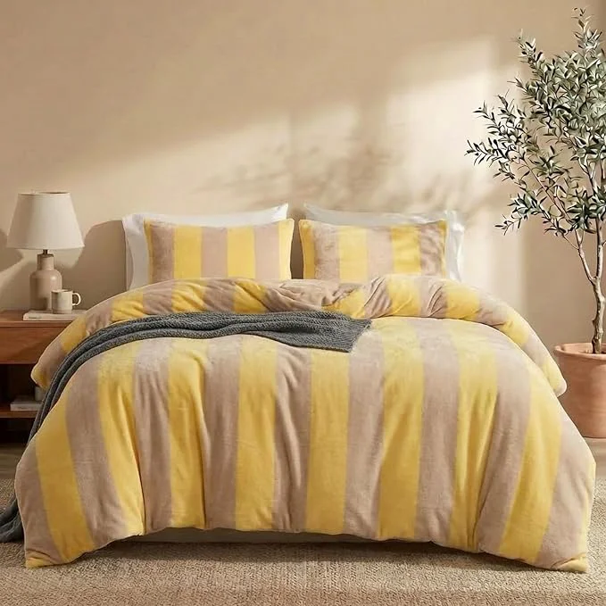 Excellent Bedbay Yellow Striped Comforter Set King Size Luxury Fleece Fluffy Comforter Set Plush Flannel Bedding Yellow Stripes Pattern Bed Set Soft Warm Velvet Bedding Comforter for All Seasons Carefully Designed