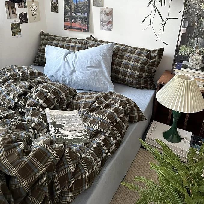 Quality mixinni Vintage Brown amp Blue Buffalo Plaid Duvet Cover Set Twin Size - 3 Piece Washed Cotton Bedding Set with Grid Pattern Soft amp Breathable Duvet Cover with Pillowcases for All Seasons Fine