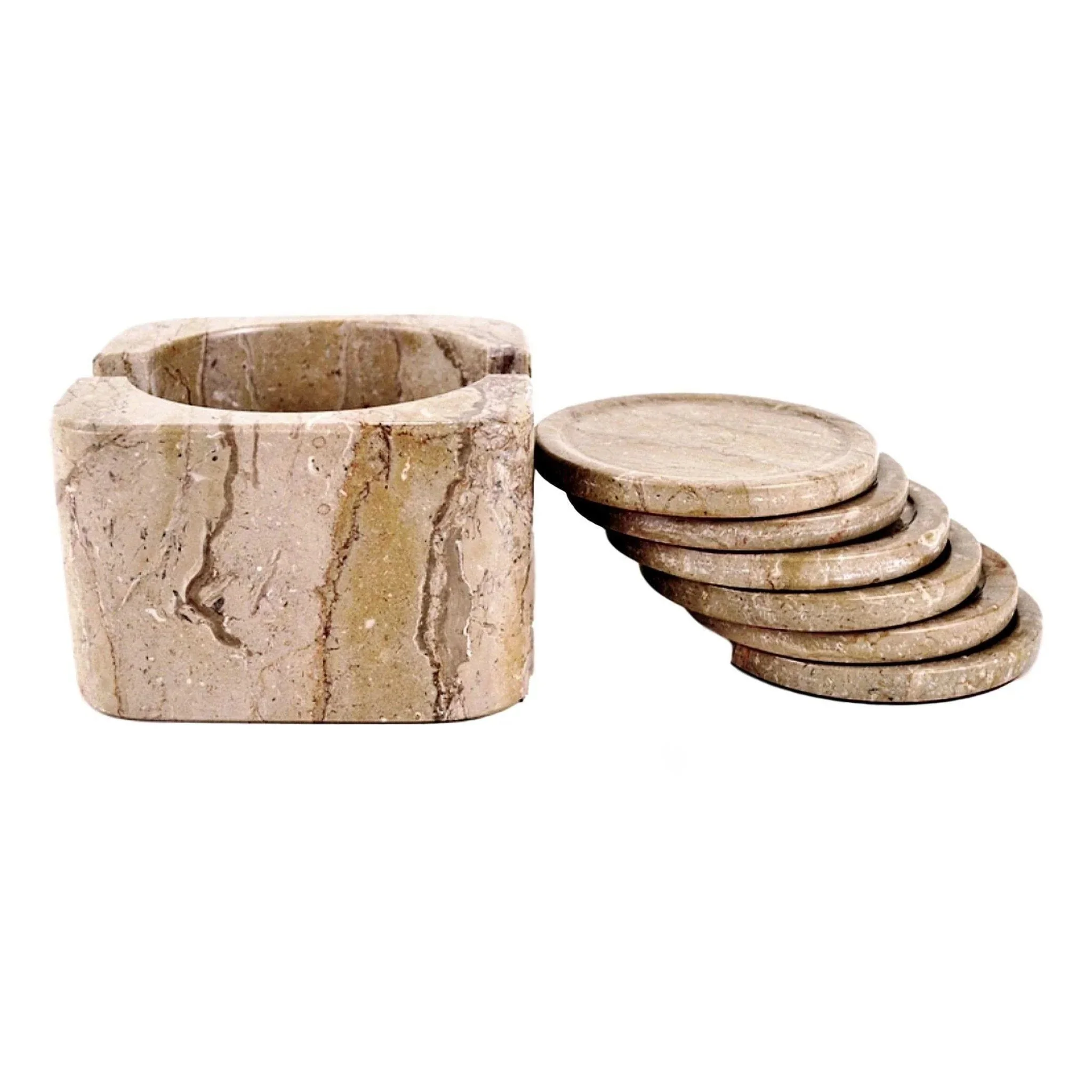 Organic Sahara Beige Marble Coaster Set with Decorative Holder Selected